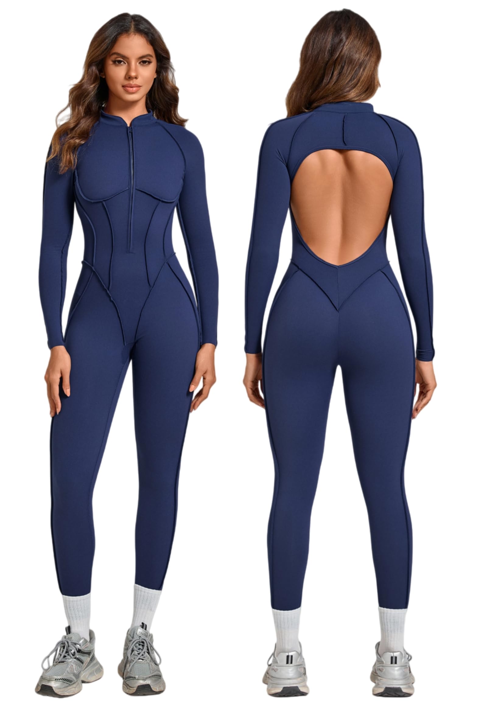 ABOCIW Womens Zipper Long Long Sleeve Workout Jumpsuit Contouring Seams Backless Bodysuit Yoga Rompers Catsuit
