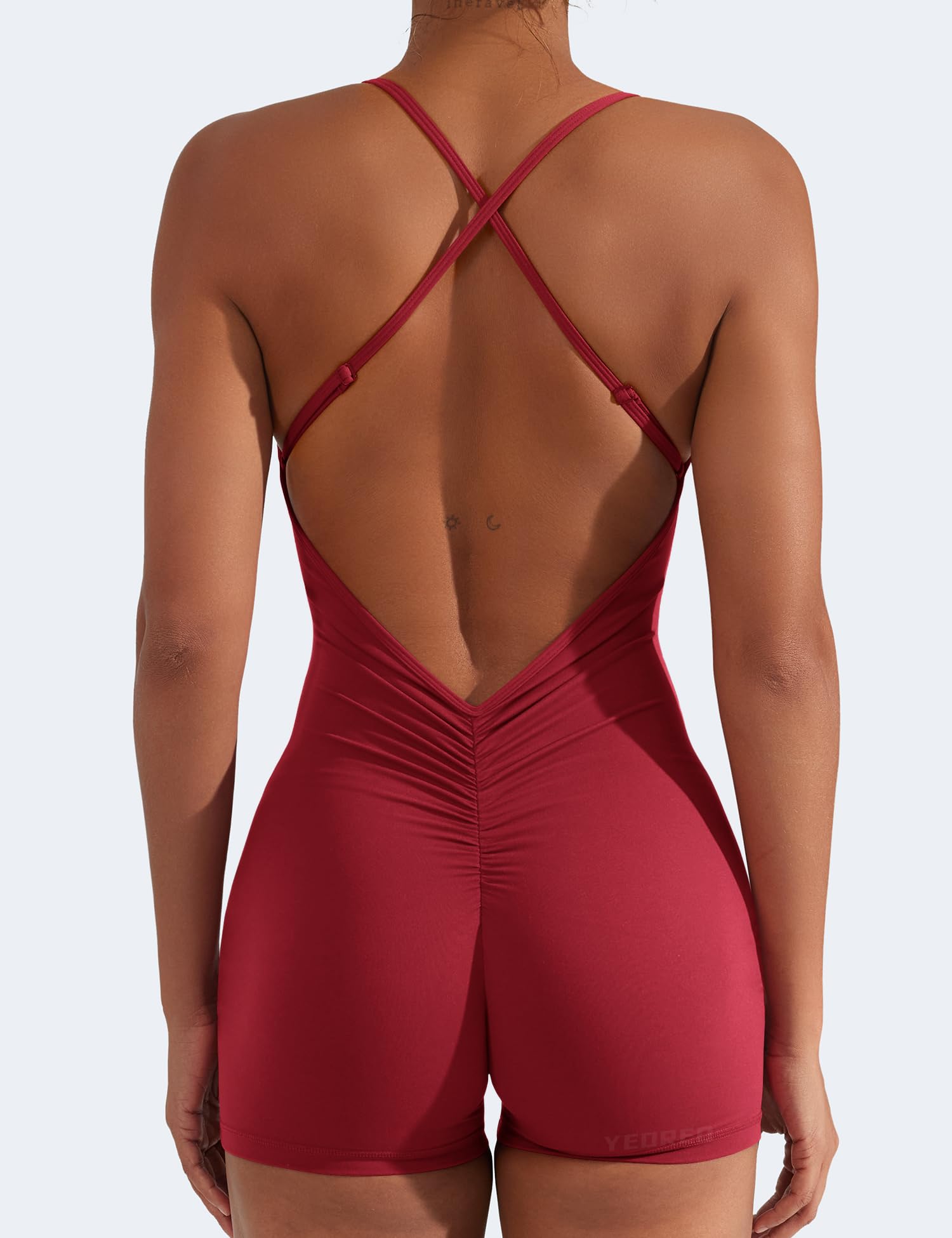 YEOREO Backless Tummy Control Jumpsuits for Women One Piece Workout Jumpsuits Sleeveless V Back Lizvette Scrunch Yoga Rompers