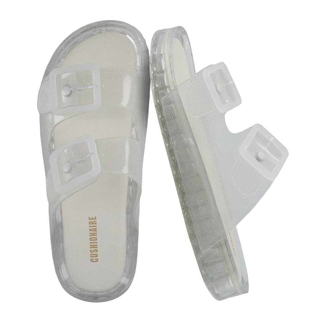 CUSHIONAIRE Pool Slides for Women Waterproof Double Buckle Adjustable Slip-On Womens Sandals for Beach Shower Casual Wear