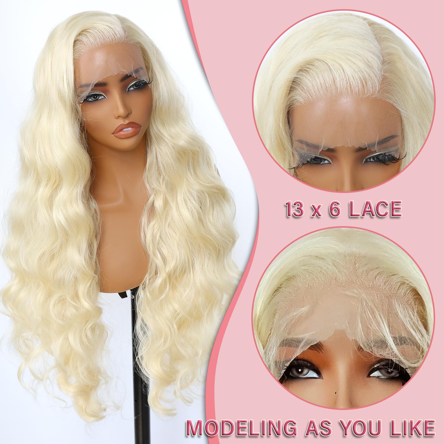 SOKU 13x6 Lace Frontal Water Wave Wigs with Baby Hair Natural Black 34 Inch Long Synthetic Hair Pre-plucked Free Part Transparent Swiss Lace Front Wavy Wigs for Women