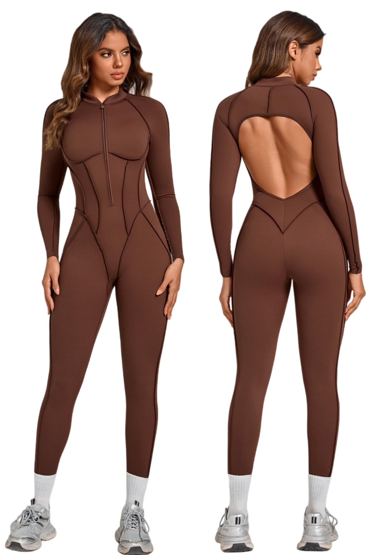 ABOCIW Womens Zipper Long Long Sleeve Workout Jumpsuit Contouring Seams Backless Bodysuit Yoga Rompers Catsuit