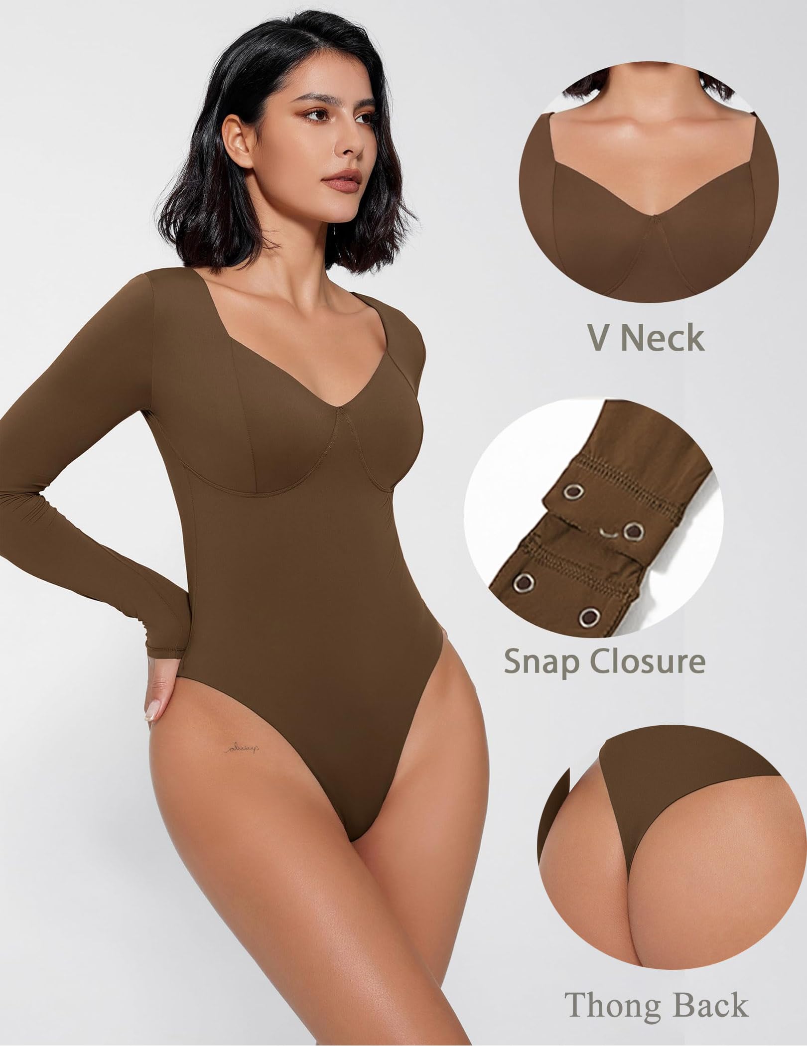 Avidlove Bodysuit for Women Long Sleeve Double Lined Tank Top V Neck Bodysuit Tummy Control Shapewear