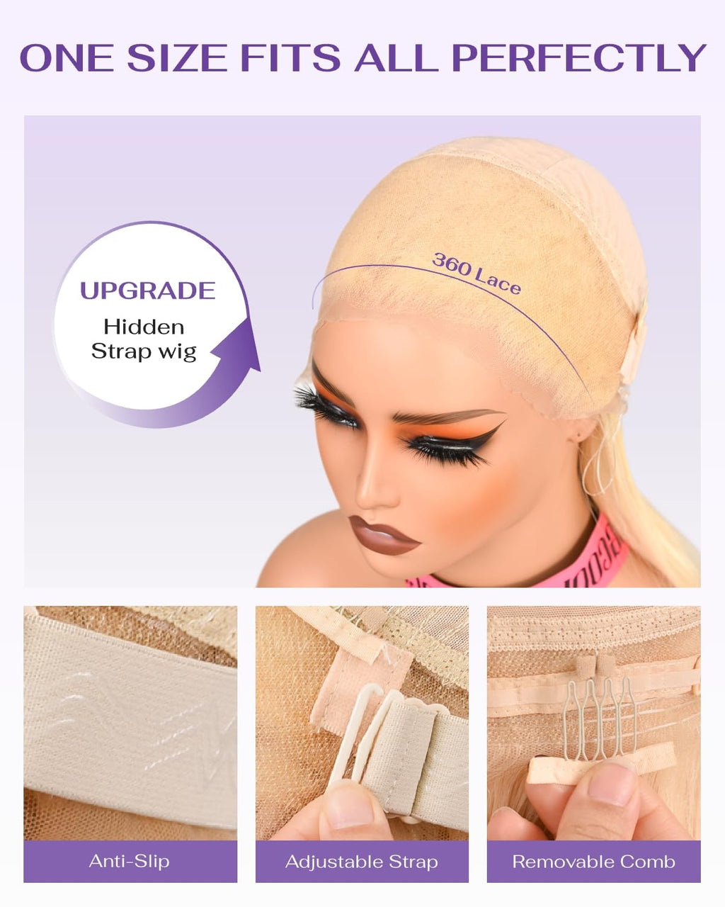 wigcool Hidden Strap Body Wave 360 613 Lace Front Wig Human Hair Glueless Wigs Human hair Pre Plucked Pre Bleached 180% Density Blonde Wig With Drawstring HD Full Lace Human Hair Wigs 20Inch