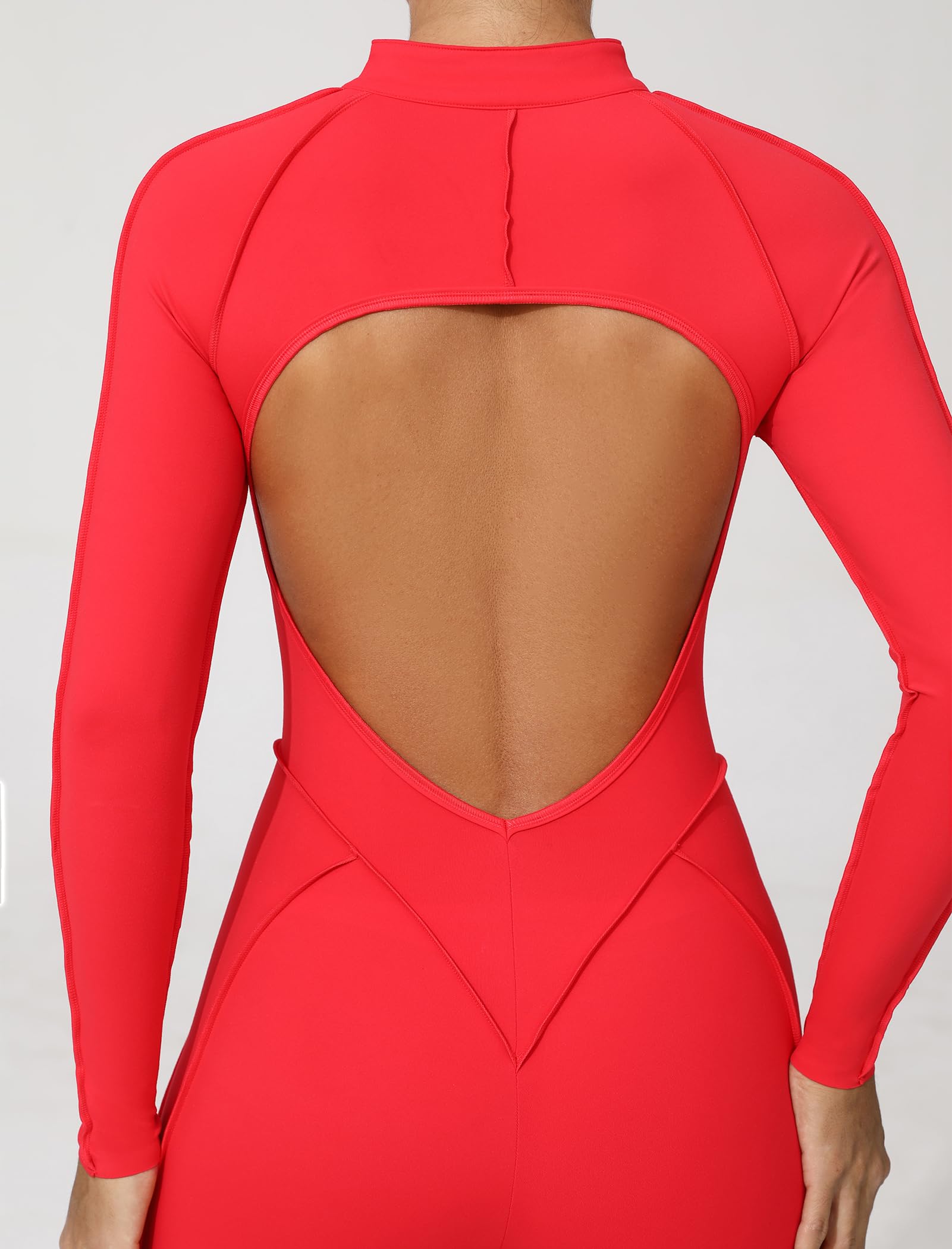 ABOCIW Womens Zipper Long Long Sleeve Workout Jumpsuit Contouring Seams Backless Bodysuit Yoga Rompers Catsuit