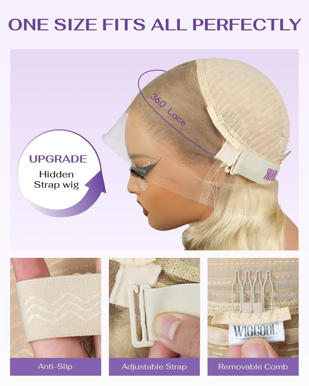 wigcool Hidden Strap Body Wave 360 613 Lace Front Wig Human Hair Glueless Wigs Human hair Pre Plucked Pre Bleached 180% Density Blonde Wig With Drawstring HD Full Lace Human Hair Wigs 20Inch