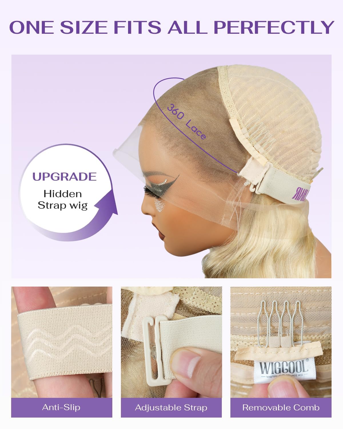 wigcool Hidden Strap Body Wave 360 613 Lace Front Wig Human Hair Glueless Wigs Human hair Pre Plucked Pre Bleached 180% Density Blonde Wig With Drawstring HD Full Lace Human Hair Wigs 20Inch