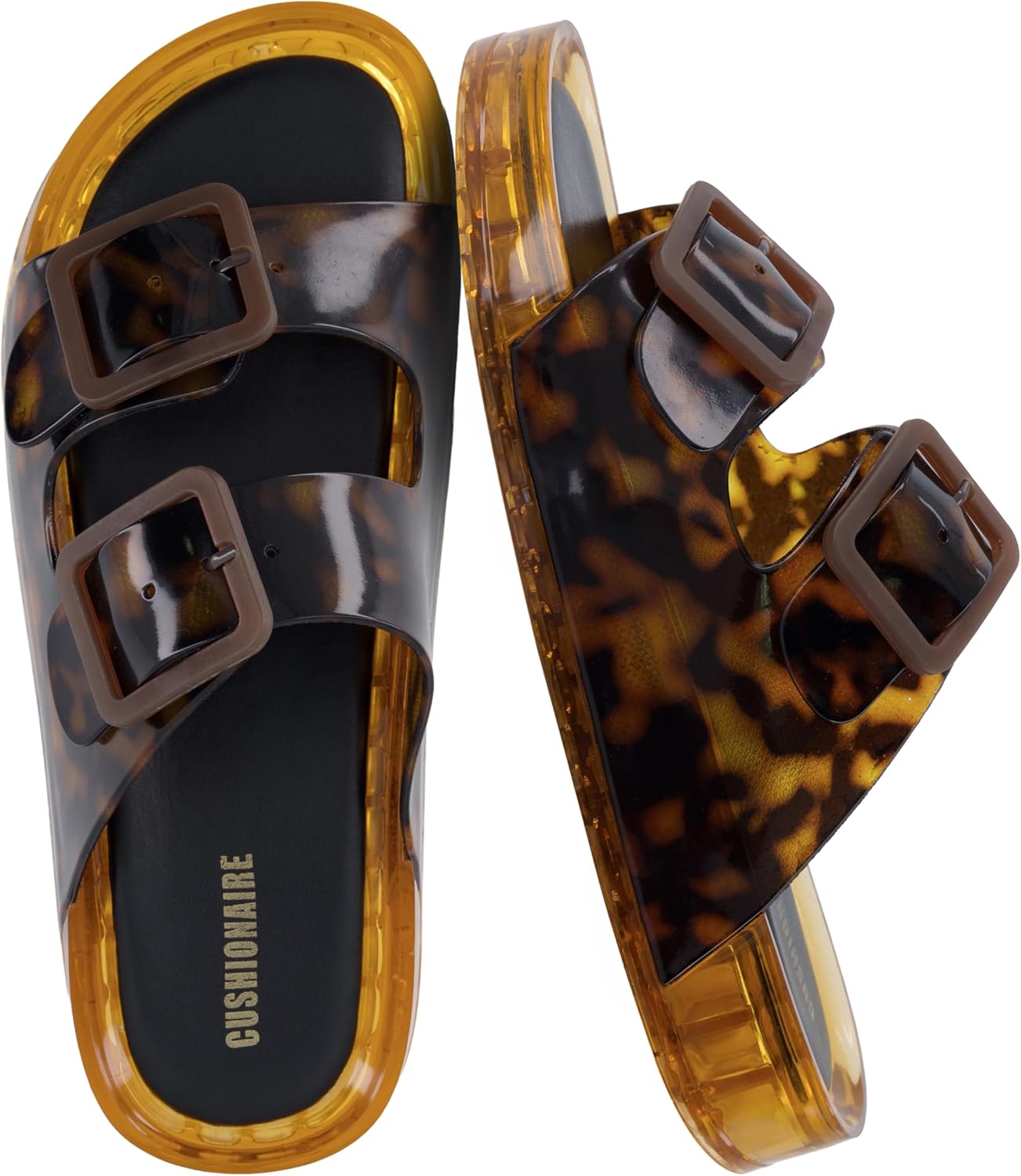 CUSHIONAIRE Pool Slides for Women Waterproof Double Buckle Adjustable Slip-On Womens Sandals for Beach Shower Casual Wear