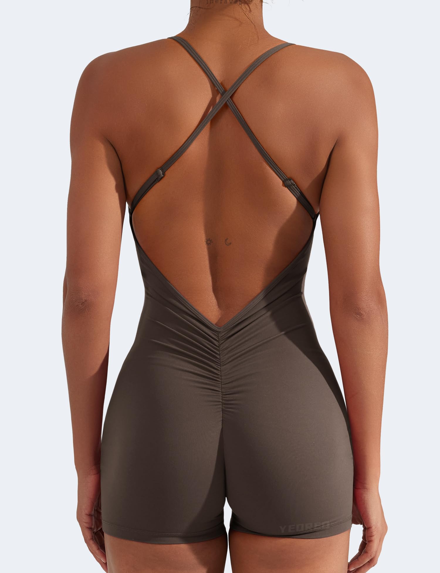 YEOREO Backless Tummy Control Jumpsuits for Women One Piece Workout Jumpsuits Sleeveless V Back Lizvette Scrunch Yoga Rompers