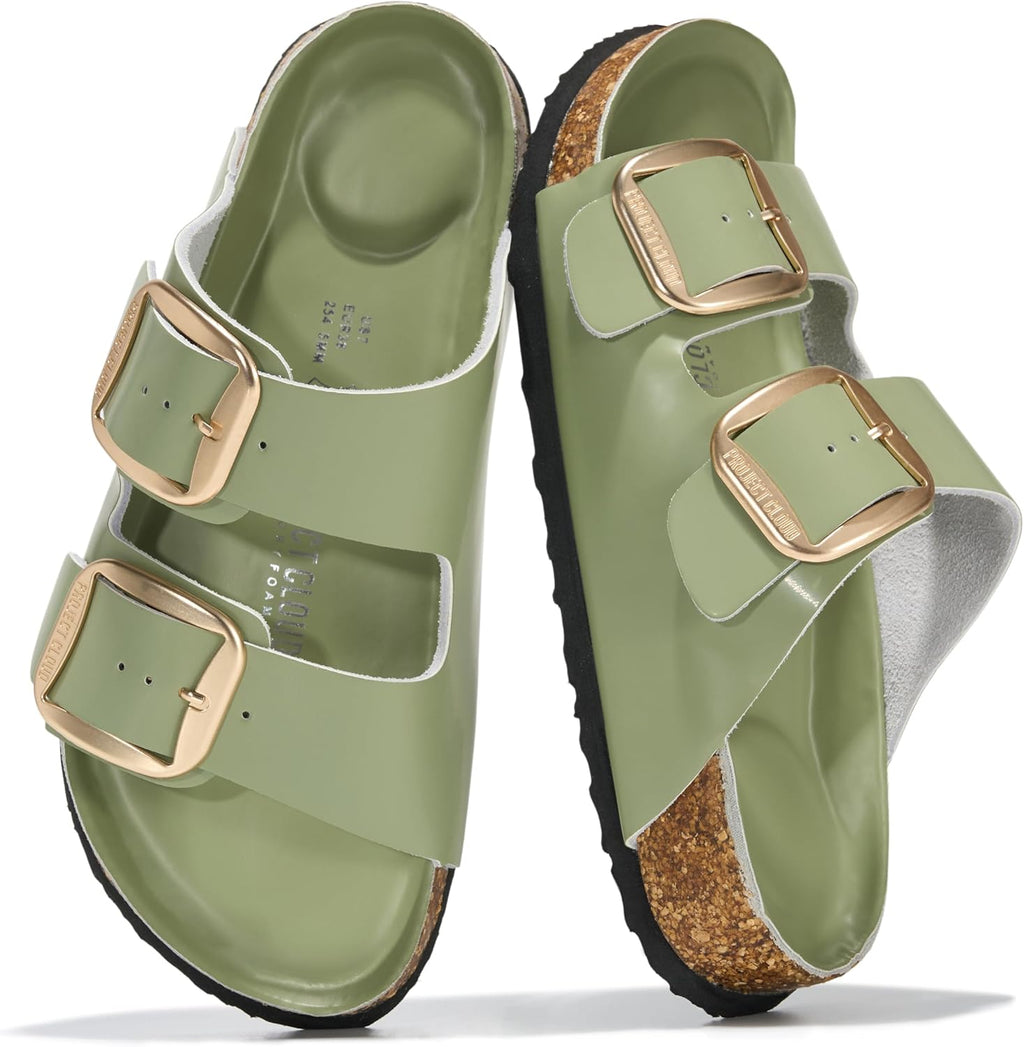 Project Cloud 100% Genuine Leather Flat Sandals for Women 2026 Comfortable Beach Essentials Womens Sandals Memory Foam Vacation Essentials Slides for Women Footwear (Santorini)