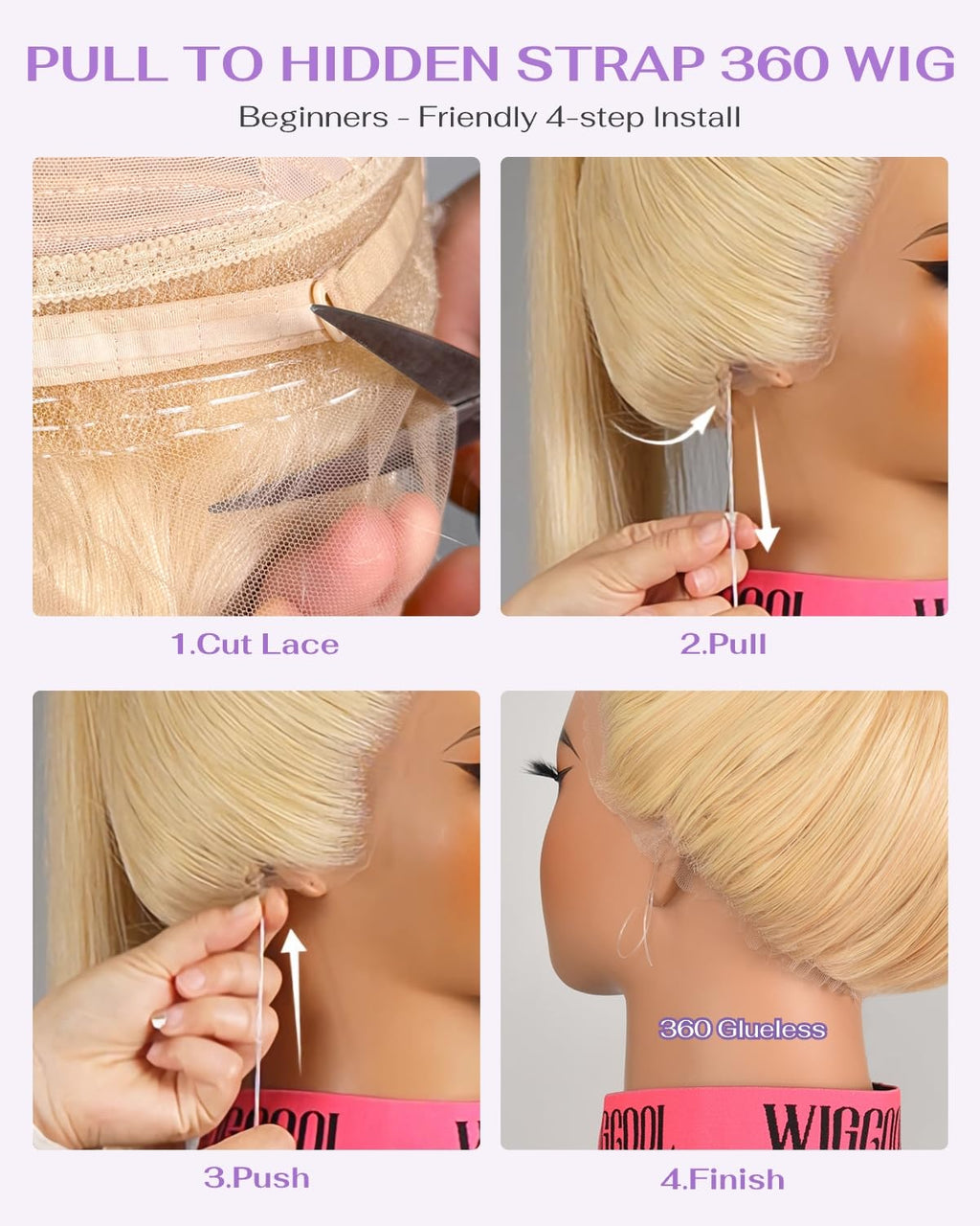 wigcool Hidden Strap Body Wave 360 613 Lace Front Wig Human Hair Glueless Wigs Human hair Pre Plucked Pre Bleached 180% Density Blonde Wig With Drawstring HD Full Lace Human Hair Wigs 20Inch