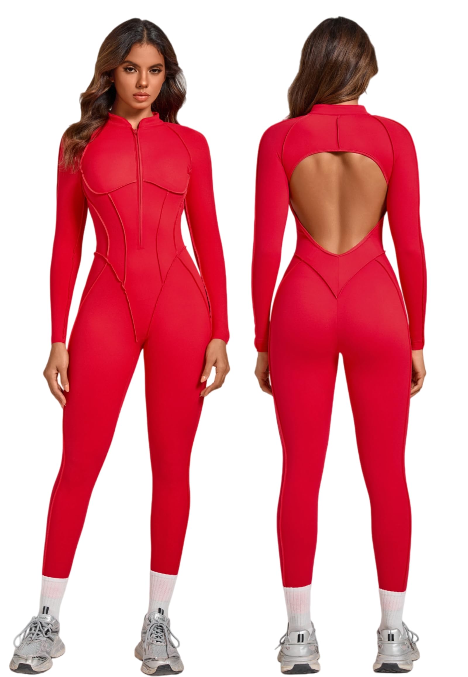 ABOCIW Womens Zipper Long Long Sleeve Workout Jumpsuit Contouring Seams Backless Bodysuit Yoga Rompers Catsuit