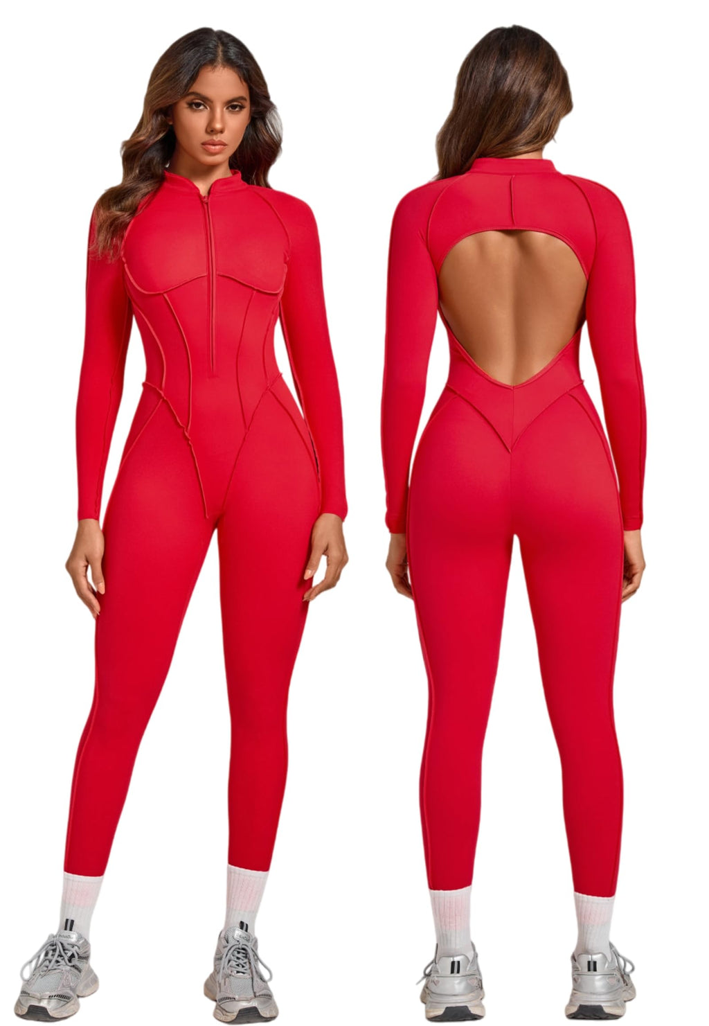 ABOCIW Womens Zipper Long Long Sleeve Workout Jumpsuit Contouring Seams Backless Bodysuit Yoga Rompers Catsuit