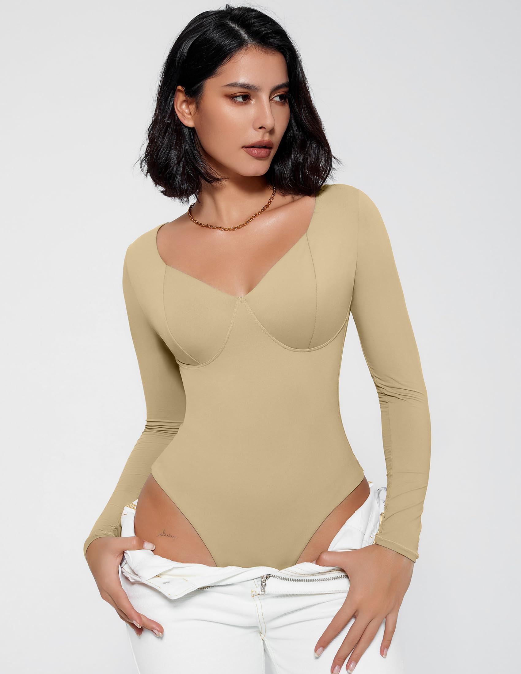 Avidlove Bodysuit for Women Long Sleeve Double Lined Tank Top V Neck Bodysuit Tummy Control Shapewear
