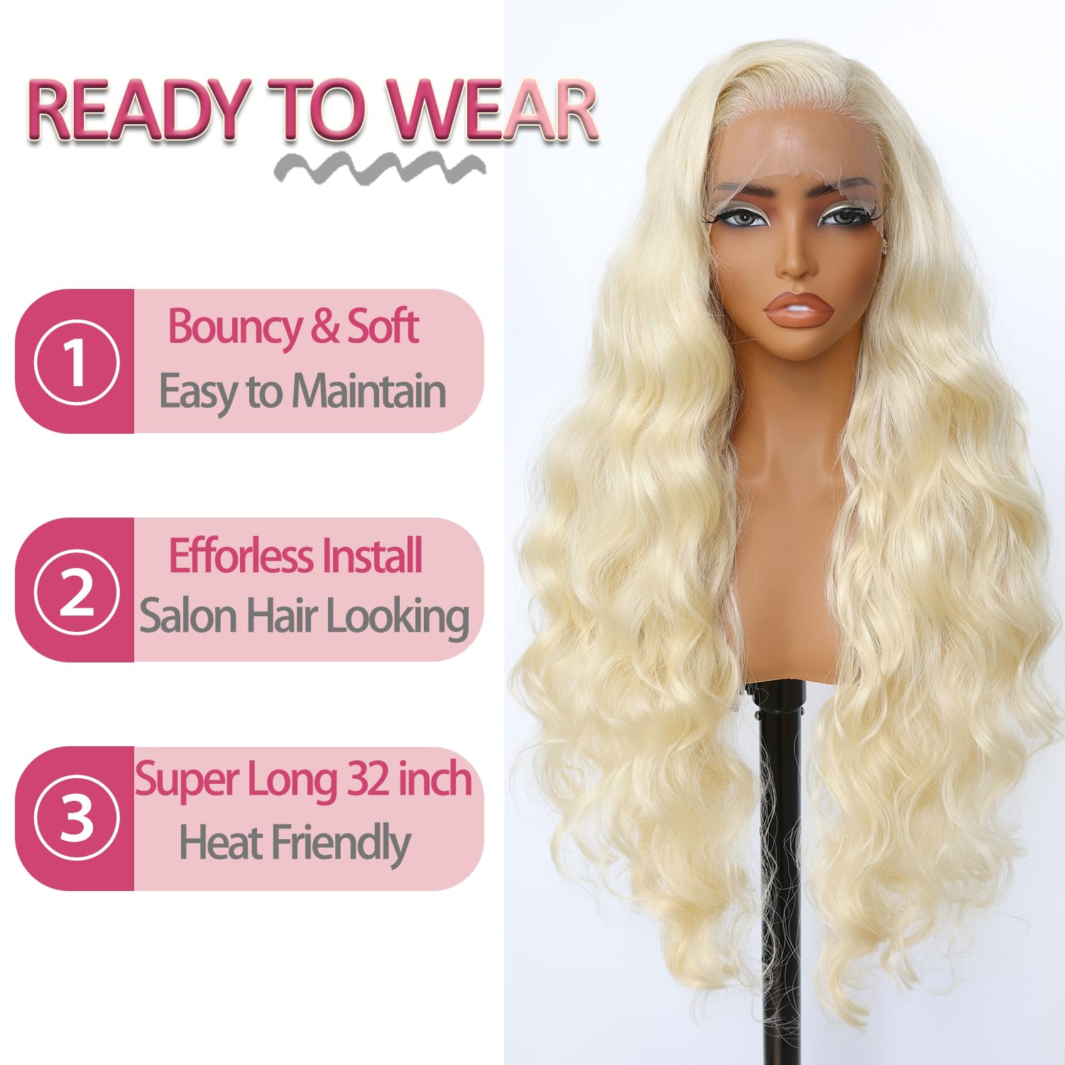 SOKU 13x6 Lace Frontal Water Wave Wigs with Baby Hair Natural Black 34 Inch Long Synthetic Hair Pre-plucked Free Part Transparent Swiss Lace Front Wavy Wigs for Women