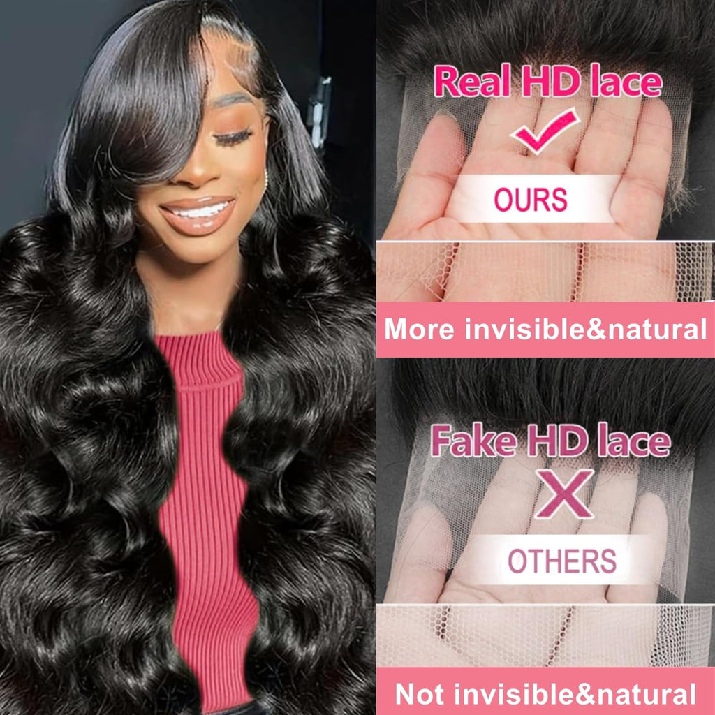 Body Wave Lace Front Wigs Human Hair Pre Plucked HD Lace Frontal Wig for Women Soft Remy 200 Density Brazilian Raw Human Hair Natural Black 24 Inch