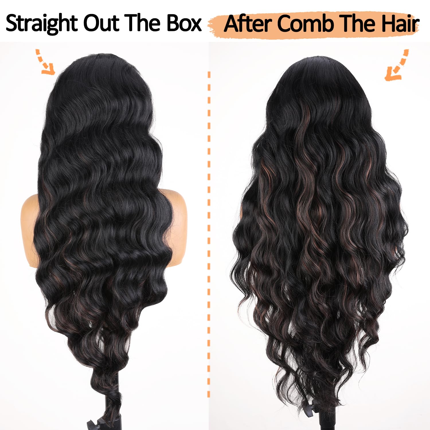 SOKU 13x6 Lace Frontal Water Wave Wigs with Baby Hair Natural Black 34 Inch Long Synthetic Hair Pre-plucked Free Part Transparent Swiss Lace Front Wavy Wigs for Women
