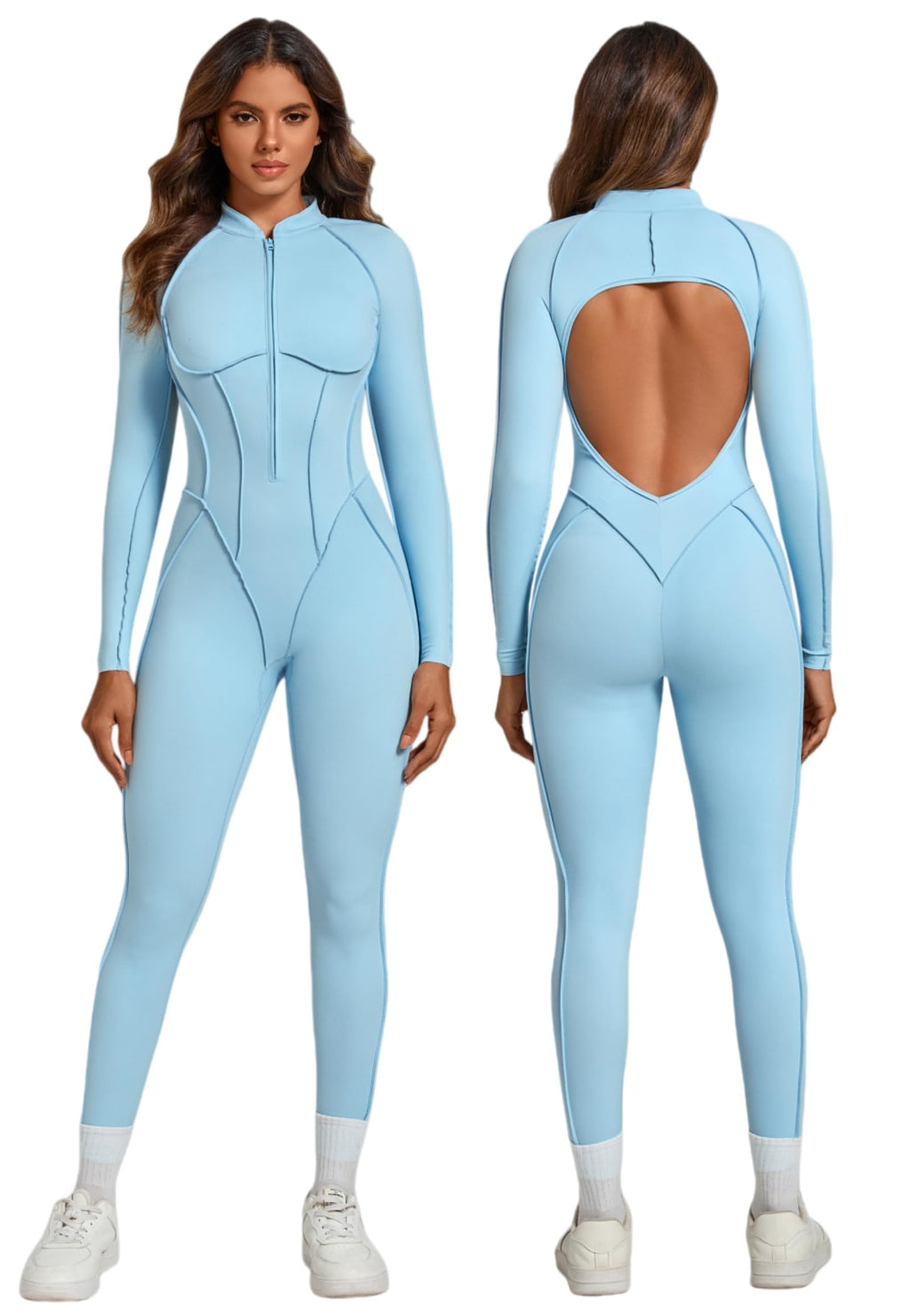 ABOCIW Womens Zipper Long Long Sleeve Workout Jumpsuit Contouring Seams Backless Bodysuit Yoga Rompers Catsuit