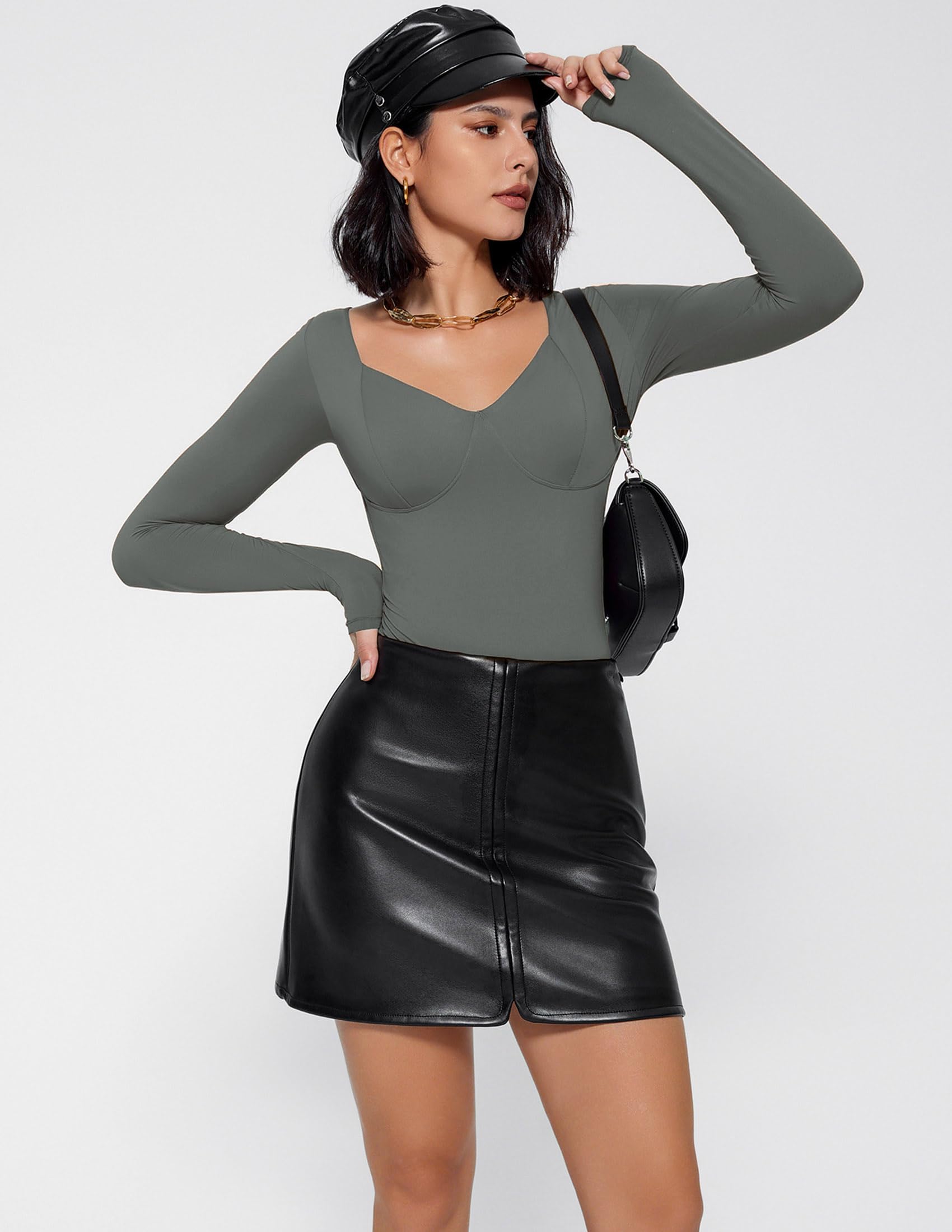Avidlove Bodysuit for Women Long Sleeve Double Lined Tank Top V Neck Bodysuit Tummy Control Shapewear