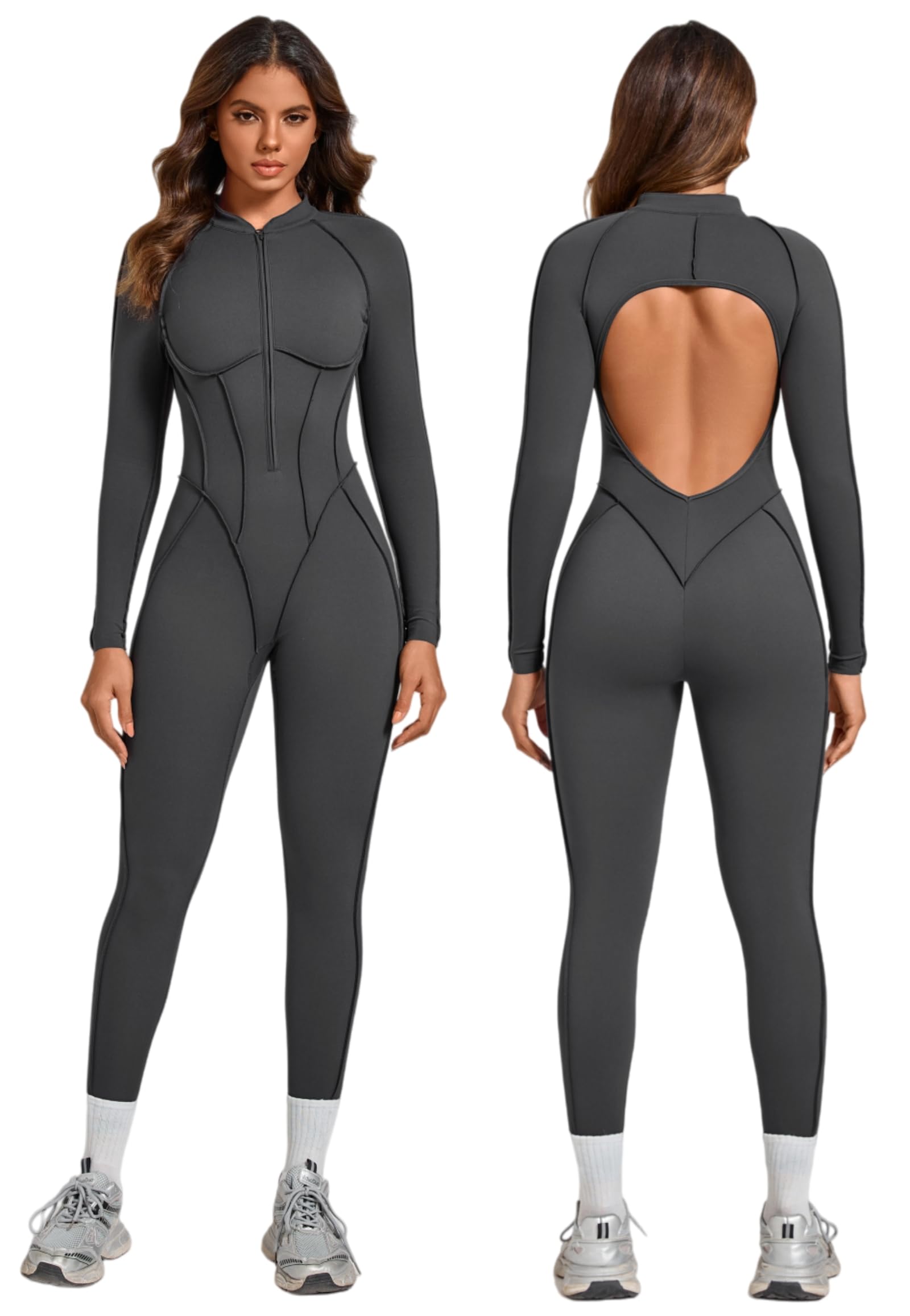 ABOCIW Womens Zipper Long Long Sleeve Workout Jumpsuit Contouring Seams Backless Bodysuit Yoga Rompers Catsuit