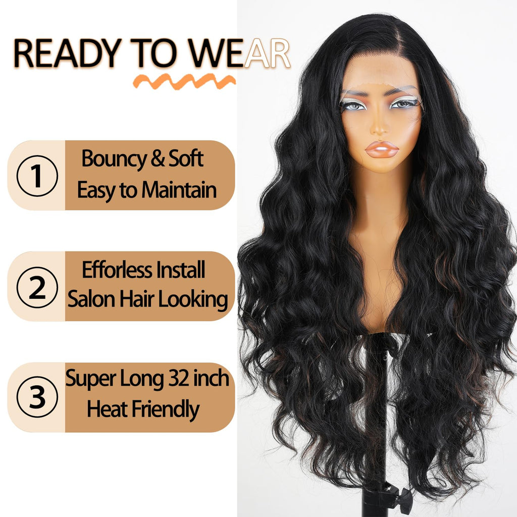SOKU 13x6 Lace Frontal Water Wave Wigs with Baby Hair Natural Black 34 Inch Long Synthetic Hair Pre-plucked Free Part Transparent Swiss Lace Front Wavy Wigs for Women