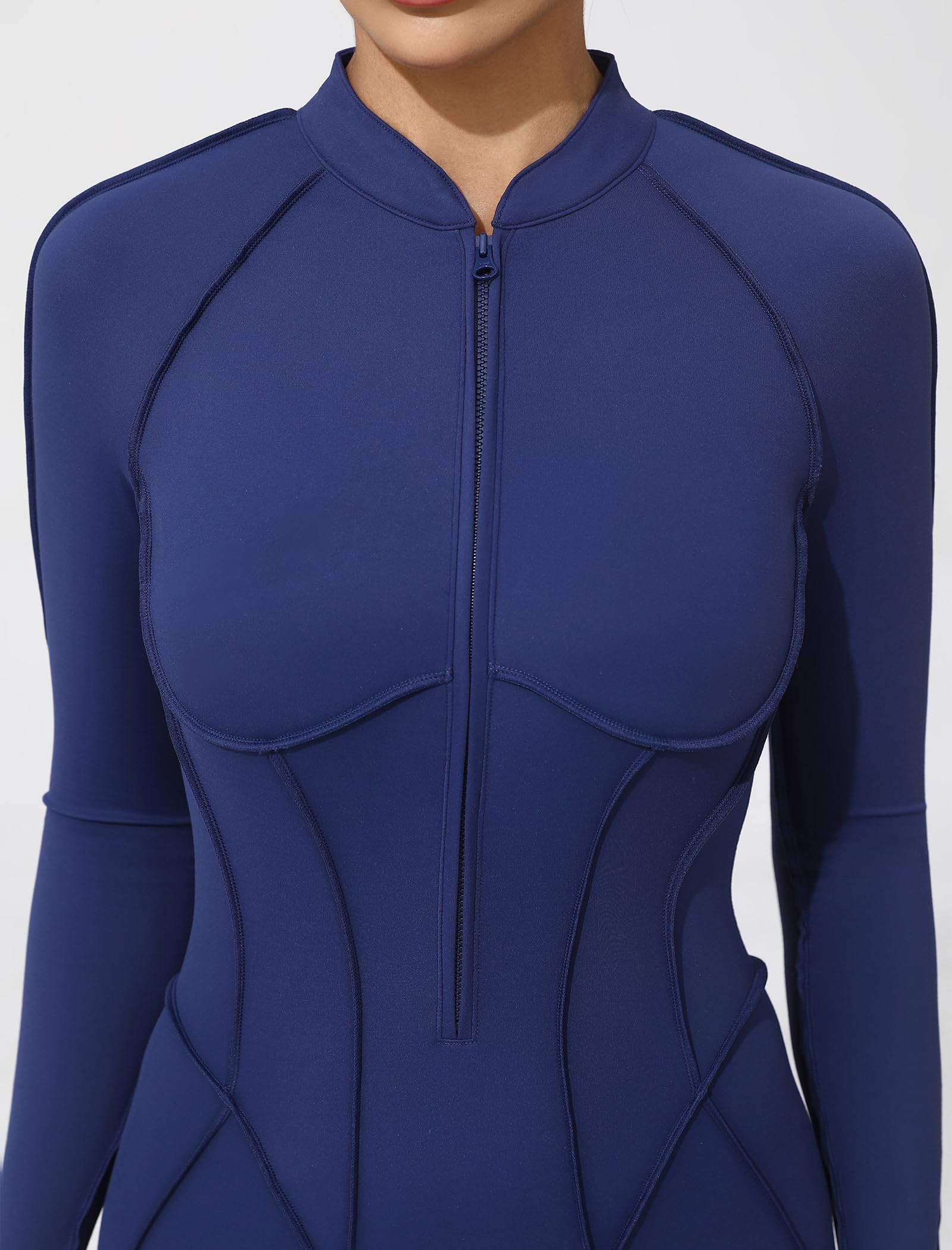 ABOCIW Womens Zipper Long Long Sleeve Workout Jumpsuit Contouring Seams Backless Bodysuit Yoga Rompers Catsuit
