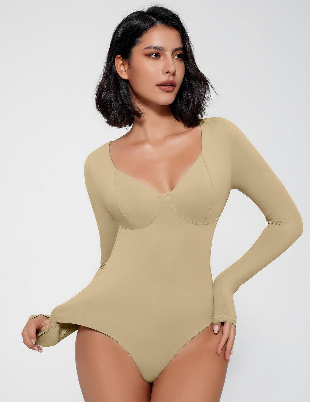 Avidlove Bodysuit for Women Long Sleeve Double Lined Tank Top V Neck Bodysuit Tummy Control Shapewear