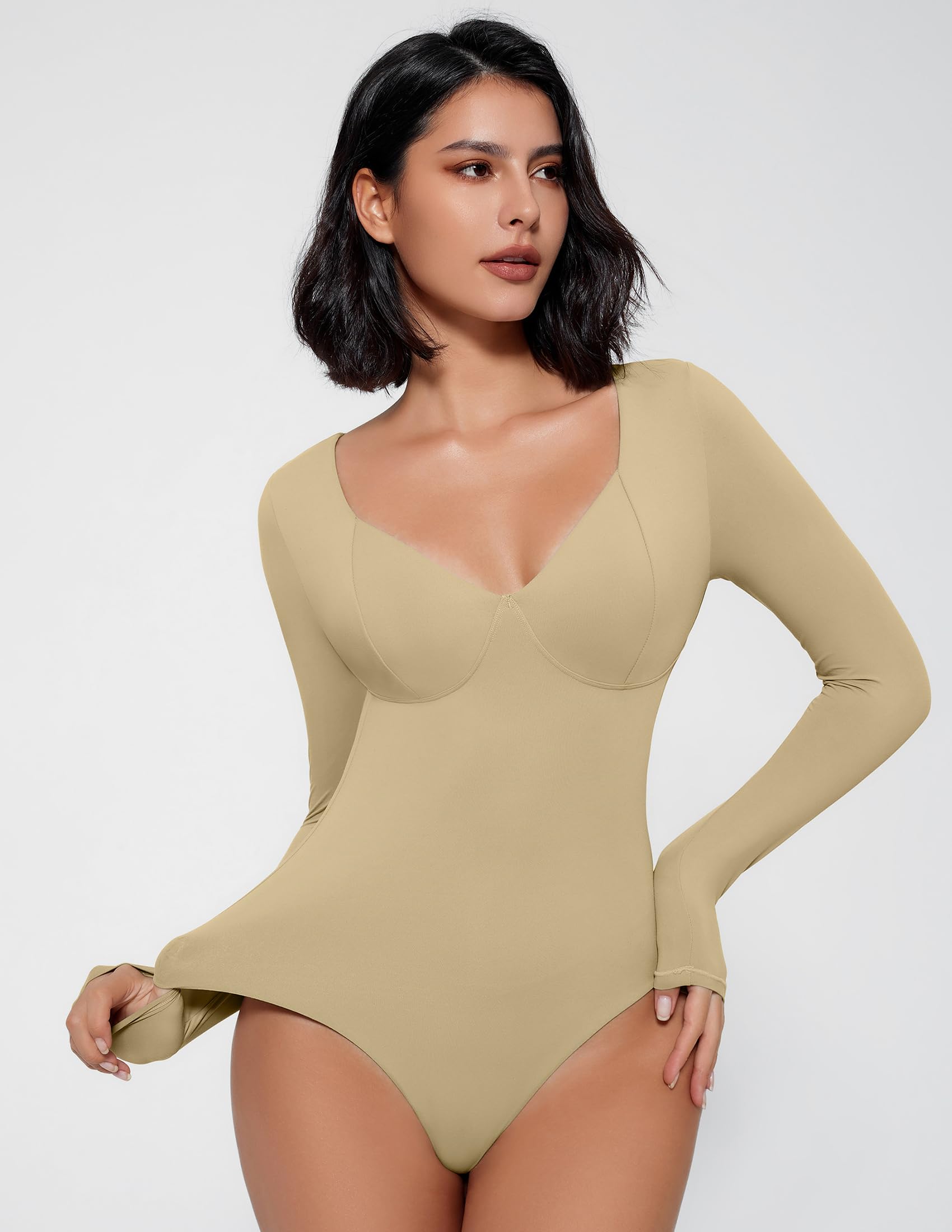 Avidlove Bodysuit for Women Long Sleeve Double Lined Tank Top V Neck Bodysuit Tummy Control Shapewear