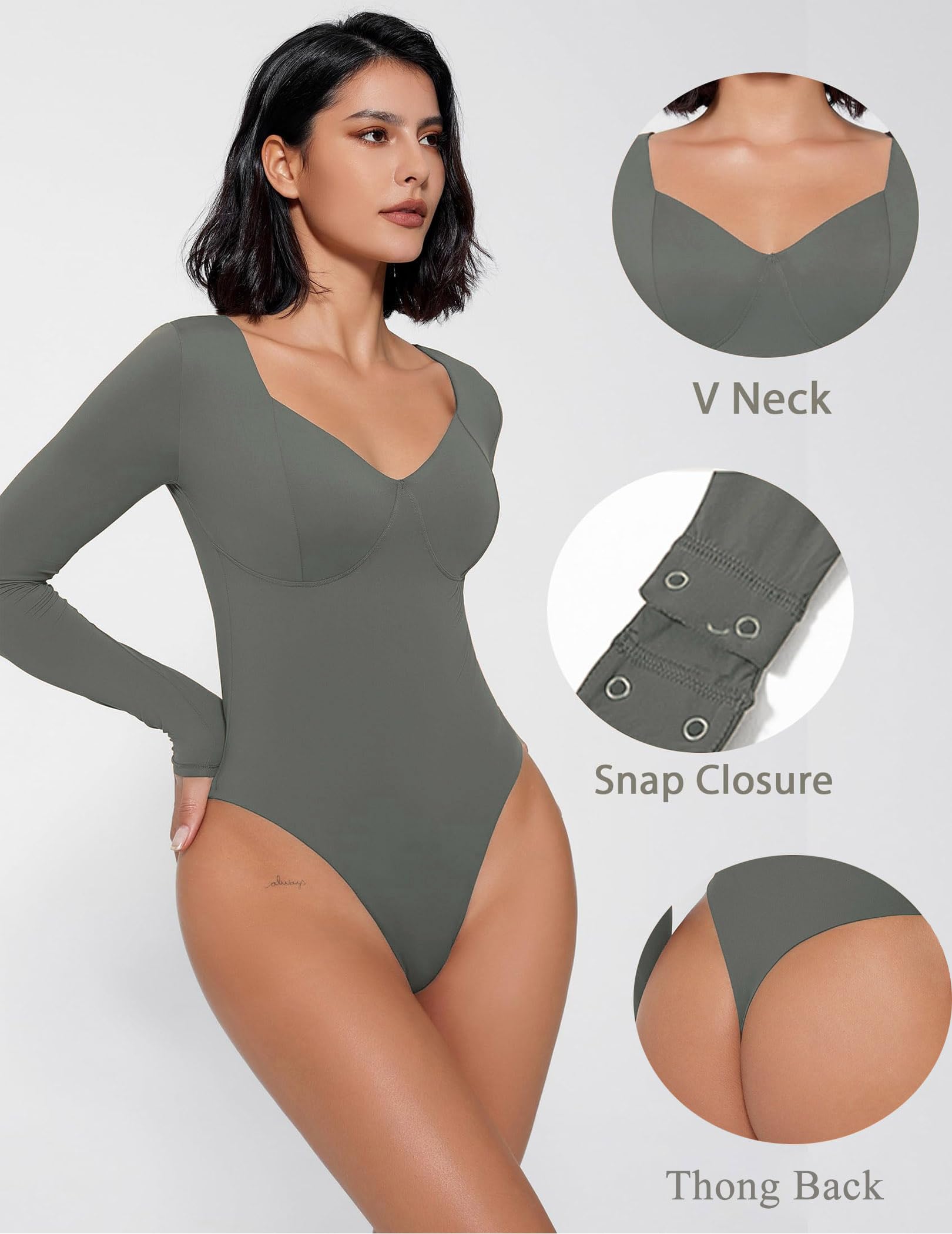 Avidlove Bodysuit for Women Long Sleeve Double Lined Tank Top V Neck Bodysuit Tummy Control Shapewear