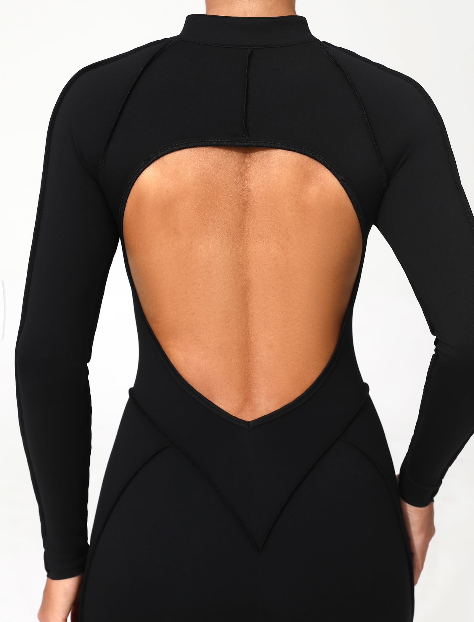 ABOCIW Womens Zipper Long Long Sleeve Workout Jumpsuit Contouring Seams Backless Bodysuit Yoga Rompers Catsuit