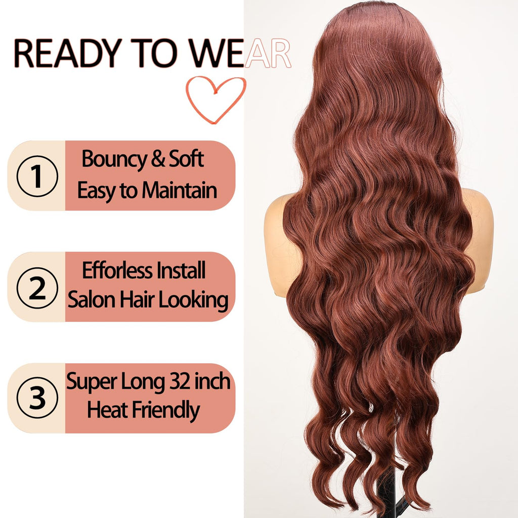 SOKU 13x6 Lace Frontal Water Wave Wigs with Baby Hair Natural Black 34 Inch Long Synthetic Hair Pre-plucked Free Part Transparent Swiss Lace Front Wavy Wigs for Women
