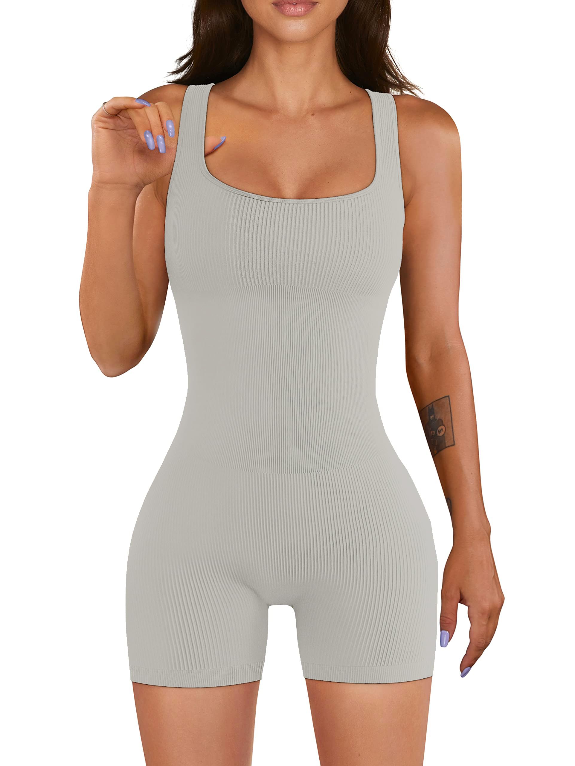 YIOIOIO Women Workout Romper Yoga Ribbed Square Neck One Piece Seamless Tank Top Jumpsuit