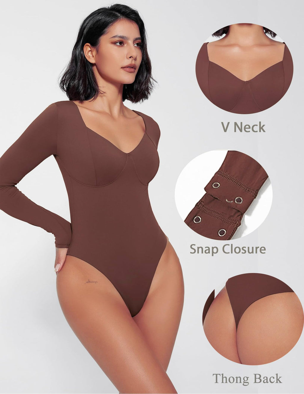 Avidlove Bodysuit for Women Long Sleeve Double Lined Tank Top V Neck Bodysuit Tummy Control Shapewear