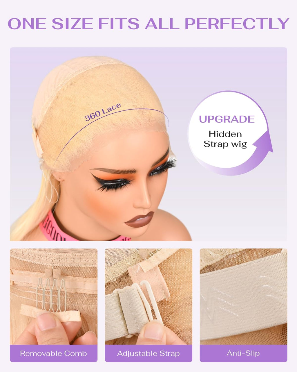 wigcool Hidden Strap Body Wave 360 613 Lace Front Wig Human Hair Glueless Wigs Human hair Pre Plucked Pre Bleached 180% Density Blonde Wig With Drawstring HD Full Lace Human Hair Wigs 20Inch