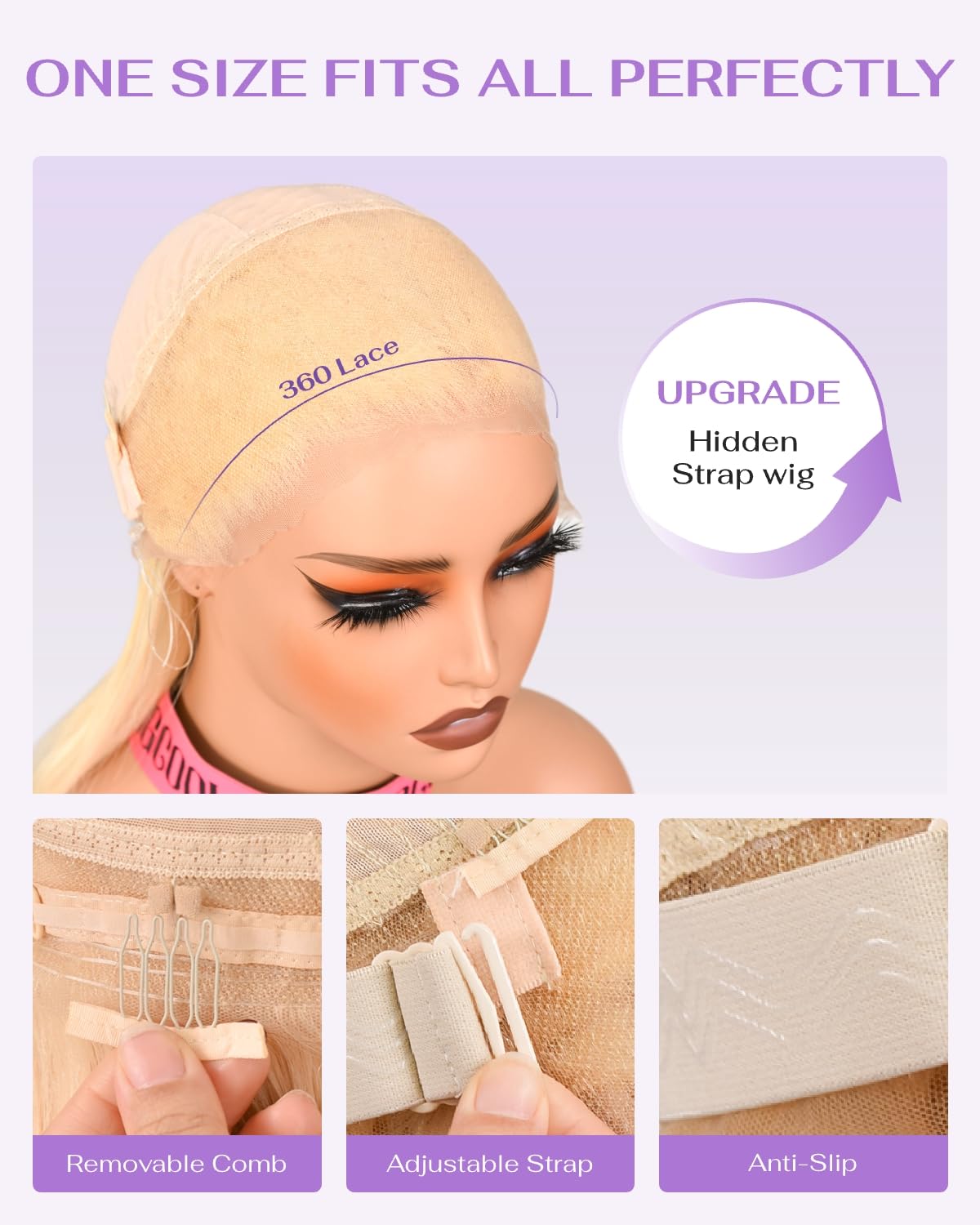 wigcool Hidden Strap Body Wave 360 613 Lace Front Wig Human Hair Glueless Wigs Human hair Pre Plucked Pre Bleached 180% Density Blonde Wig With Drawstring HD Full Lace Human Hair Wigs 20Inch