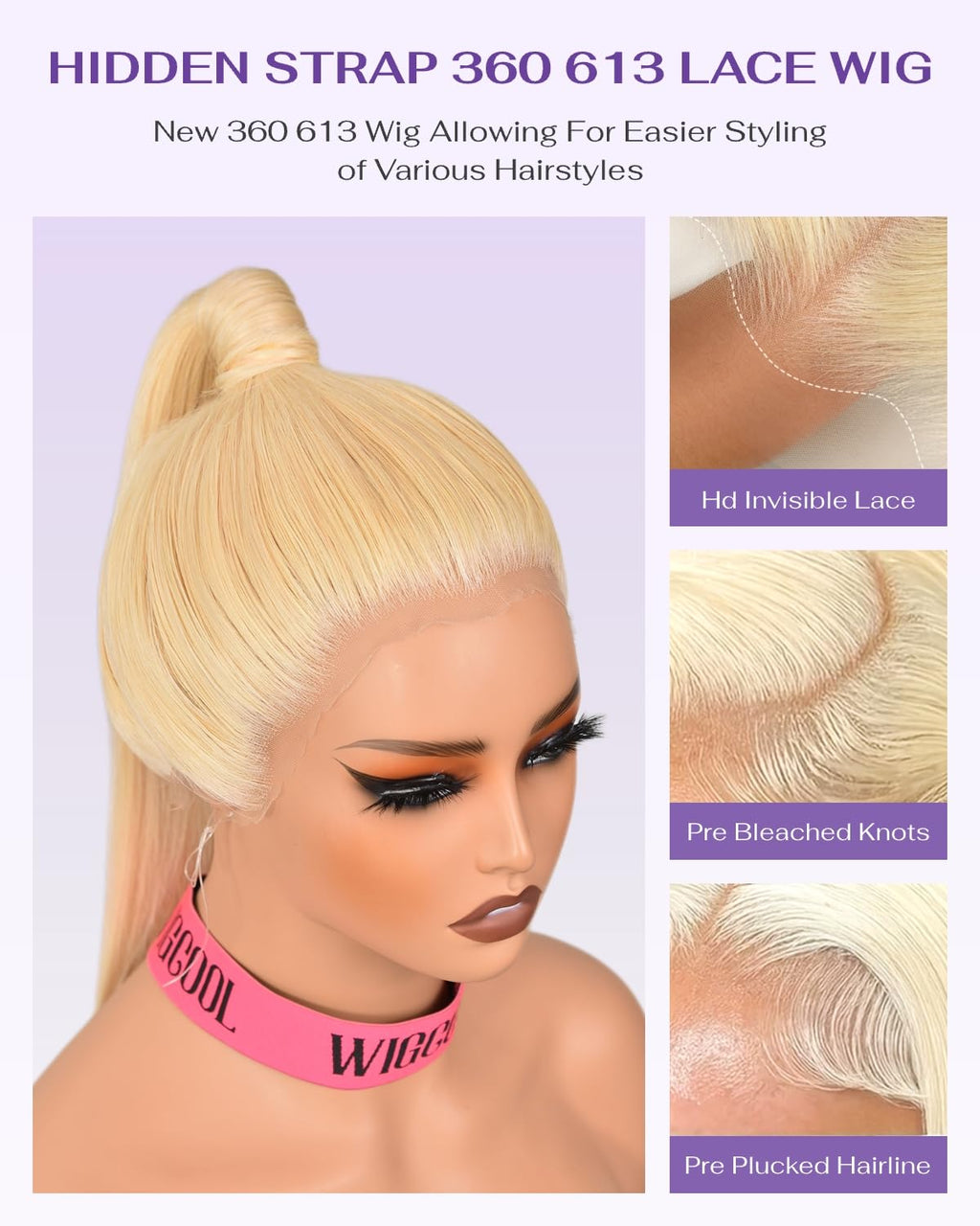 wigcool Hidden Strap Body Wave 360 613 Lace Front Wig Human Hair Glueless Wigs Human hair Pre Plucked Pre Bleached 180% Density Blonde Wig With Drawstring HD Full Lace Human Hair Wigs 20Inch