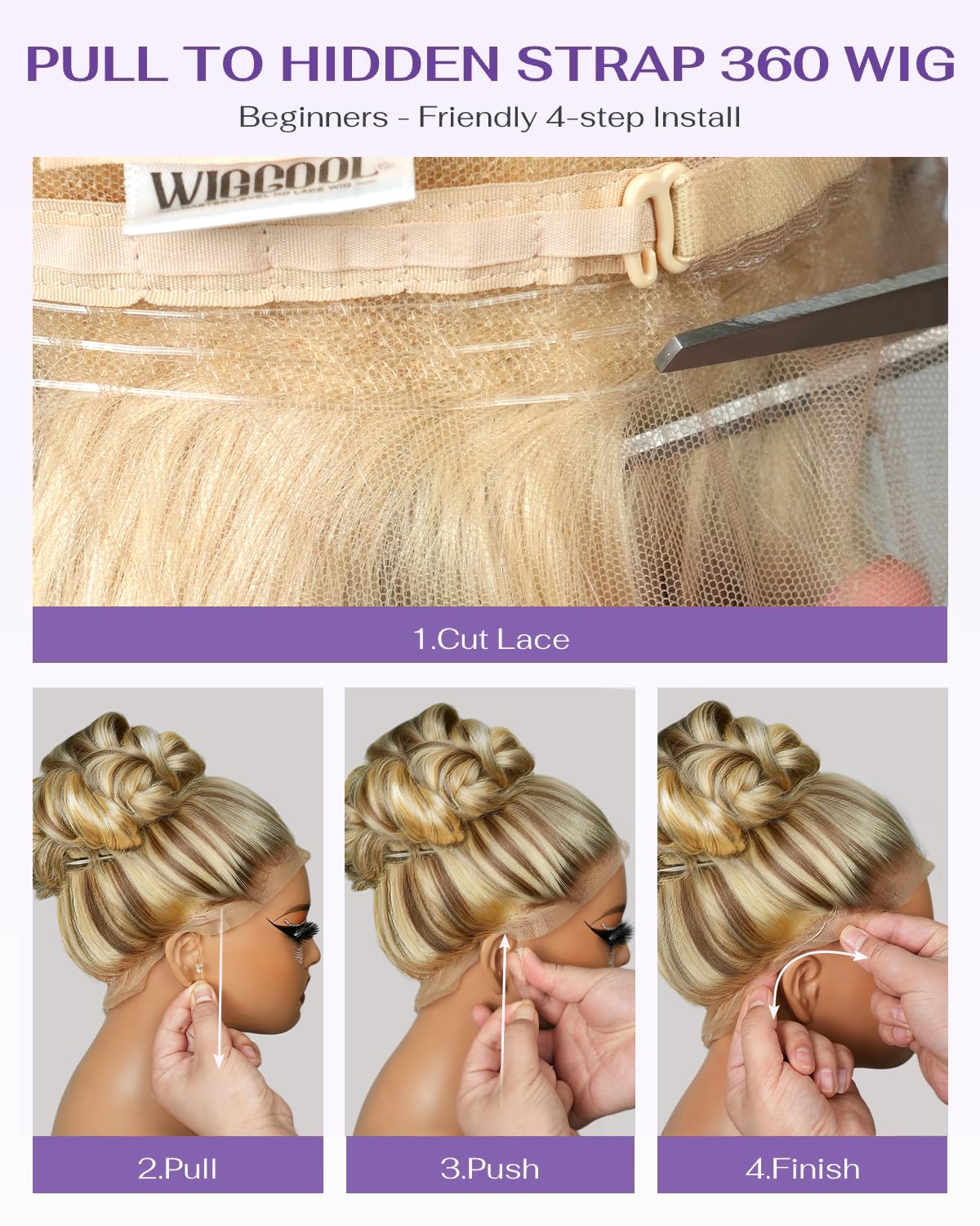 wigcool Hidden Strap Body Wave 360 613 Lace Front Wig Human Hair Glueless Wigs Human hair Pre Plucked Pre Bleached 180% Density Blonde Wig With Drawstring HD Full Lace Human Hair Wigs 20Inch