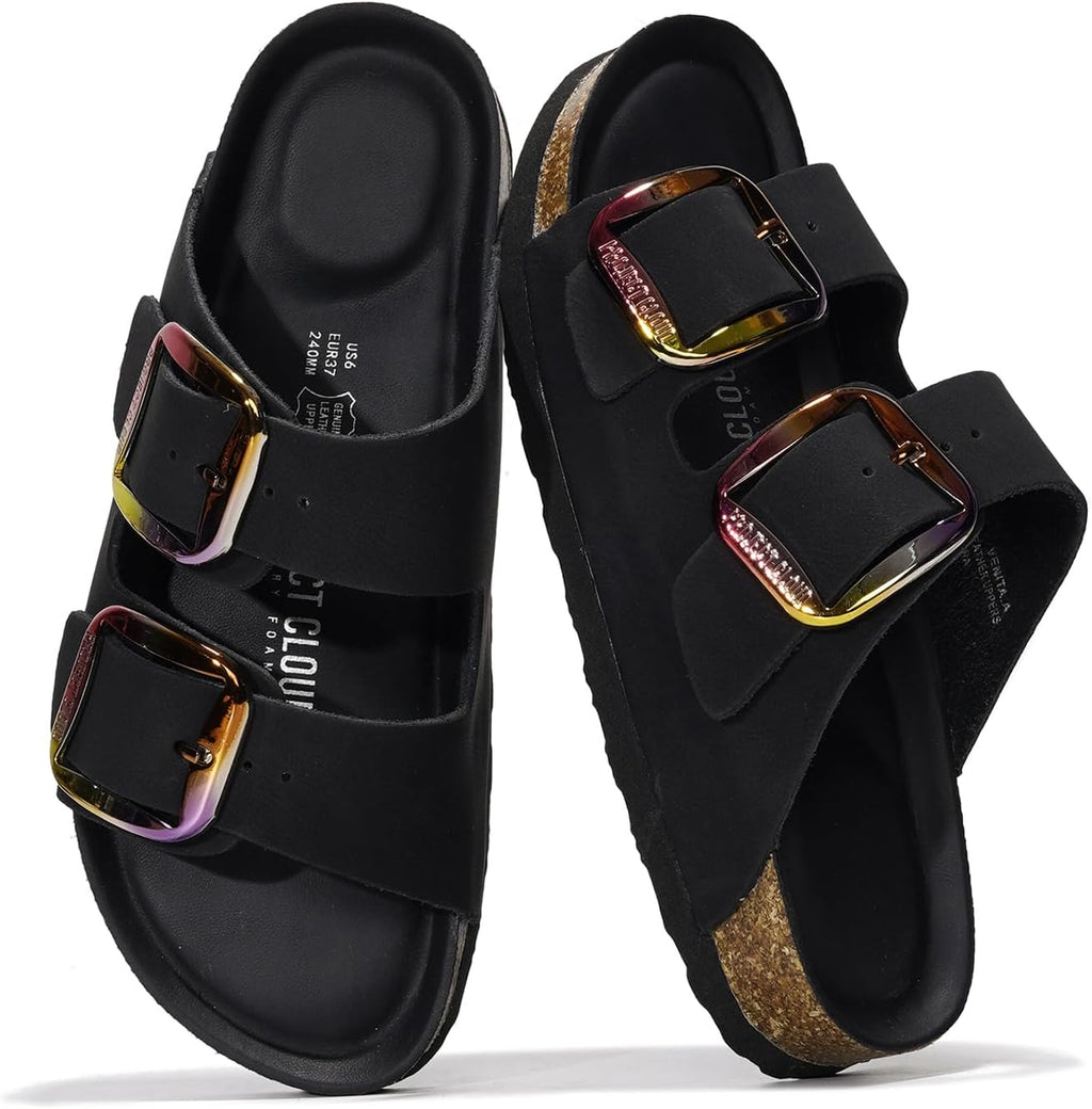 Project Cloud 100% Genuine Leather Flat Sandals for Women 2026 Comfortable Beach Essentials Womens Sandals Memory Foam Vacation Essentials Slides for Women Footwear (Santorini)