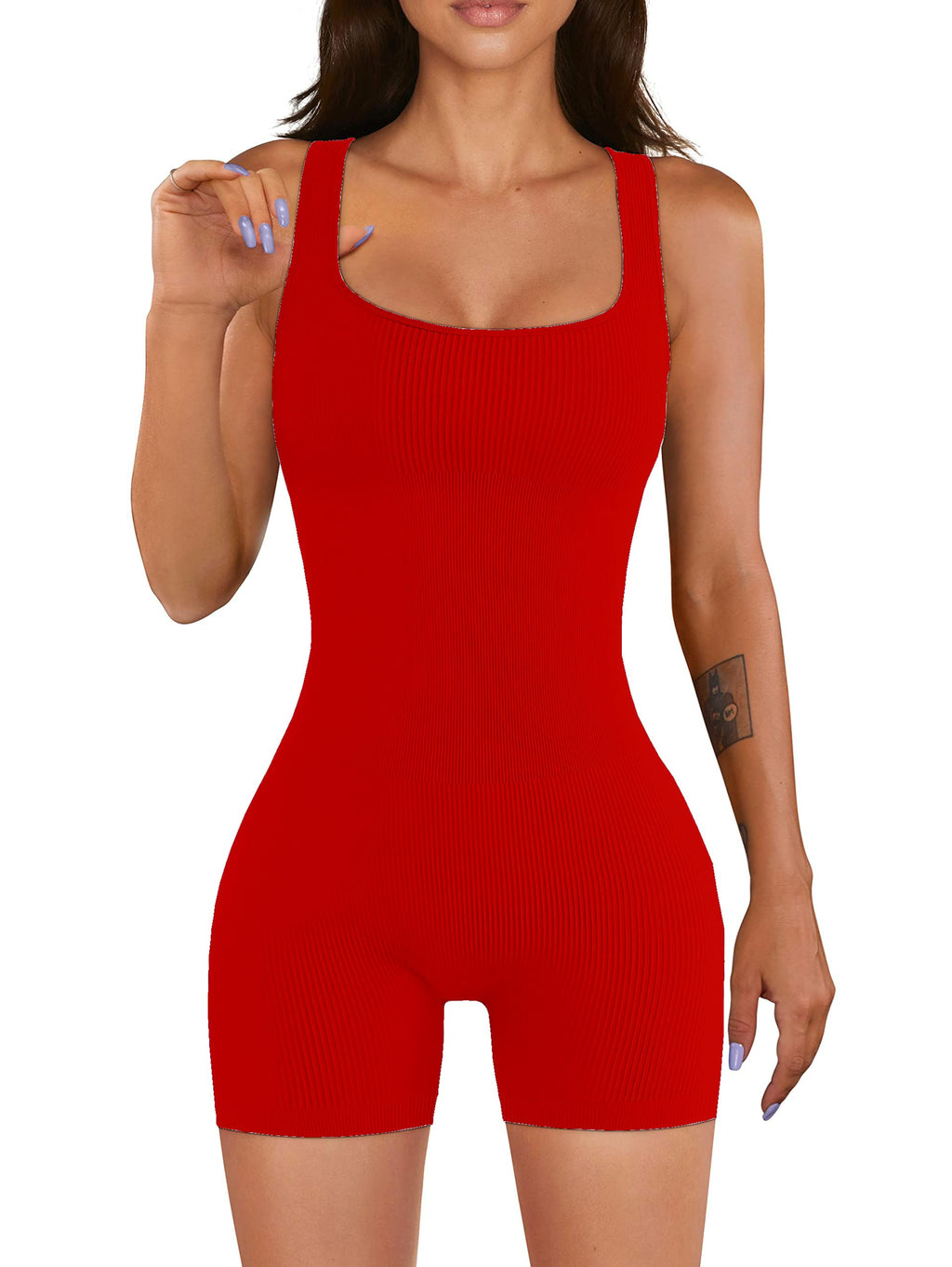 YIOIOIO Women Workout Romper Yoga Ribbed Square Neck One Piece Seamless Tank Top Jumpsuit