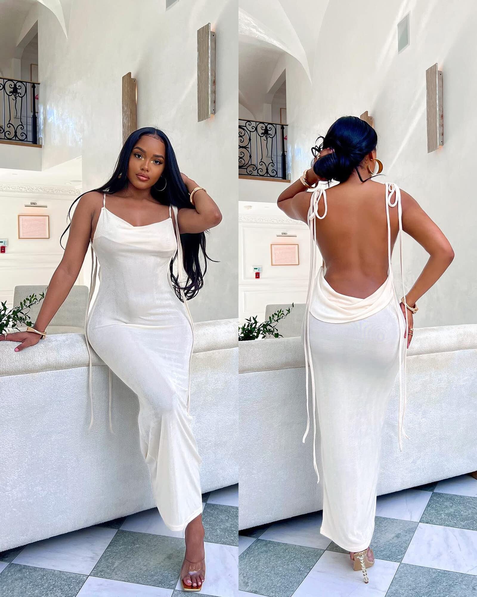 Doweha Women Backless Cowl Neck Cocktail Going Out Dress Halter Slip Long Semi Formal Party 2026 Spring Summer Maxi Dress
