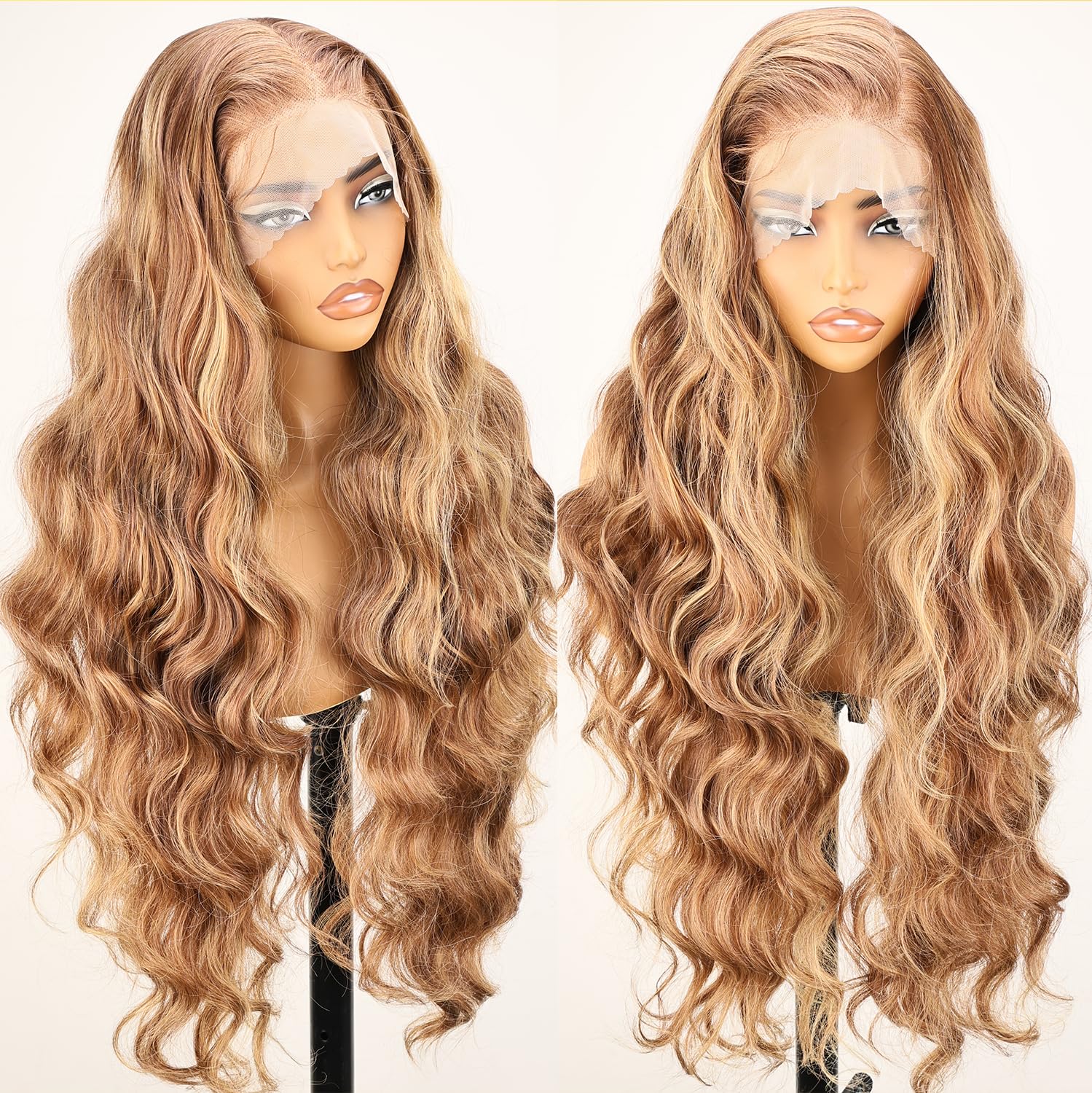 SOKU 13x6 Lace Frontal Water Wave Wigs with Baby Hair Natural Black 34 Inch Long Synthetic Hair Pre-plucked Free Part Transparent Swiss Lace Front Wavy Wigs for Women