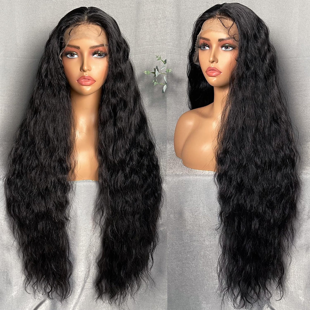 SOKU 13x6 Lace Frontal Water Wave Wigs with Baby Hair Natural Black 34 Inch Long Synthetic Hair Pre-plucked Free Part Transparent Swiss Lace Front Wavy Wigs for Women