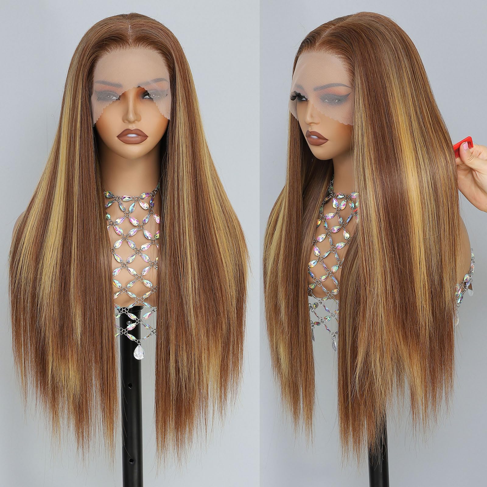 Synthetic Lace Front Wig, Honey Blonde Wig 13x6 Hd Lace Pre-Plucked Long Straight Highlights Glueless Wigs for Black Women 26 Inch Suitable for Everyday Wear