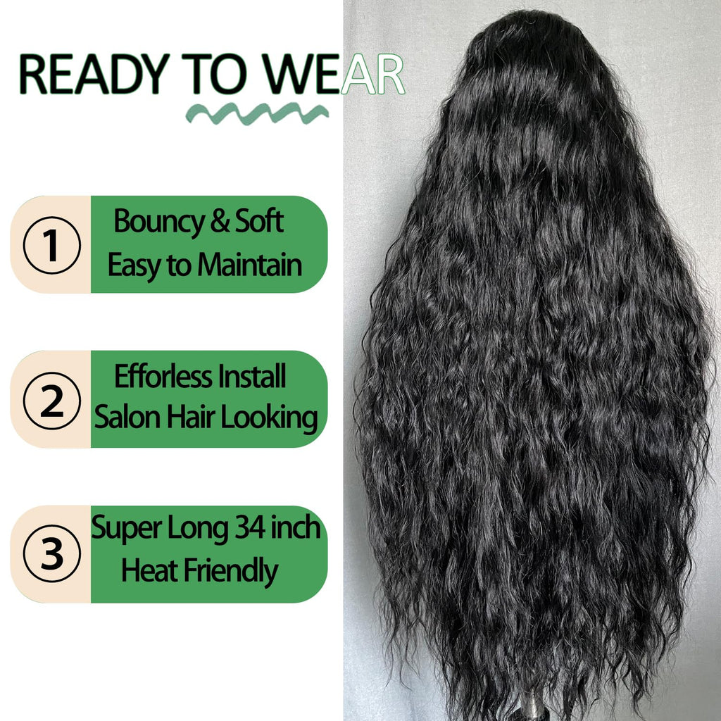 SOKU 13x6 Lace Frontal Water Wave Wigs with Baby Hair Natural Black 34 Inch Long Synthetic Hair Pre-plucked Free Part Transparent Swiss Lace Front Wavy Wigs for Women