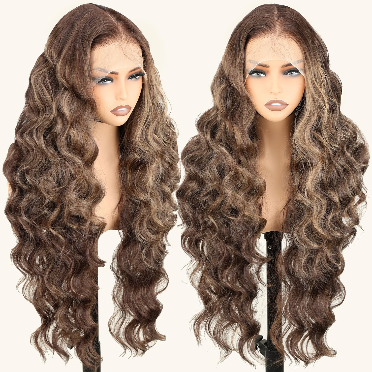 SOKU 13x6 Lace Frontal Water Wave Wigs with Baby Hair Natural Black 34 Inch Long Synthetic Hair Pre-plucked Free Part Transparent Swiss Lace Front Wavy Wigs for Women