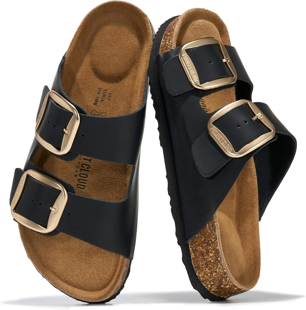 Project Cloud 100% Genuine Leather Flat Sandals for Women 2026 Comfortable Beach Essentials Womens Sandals Memory Foam Vacation Essentials Slides for Women Footwear (Santorini)