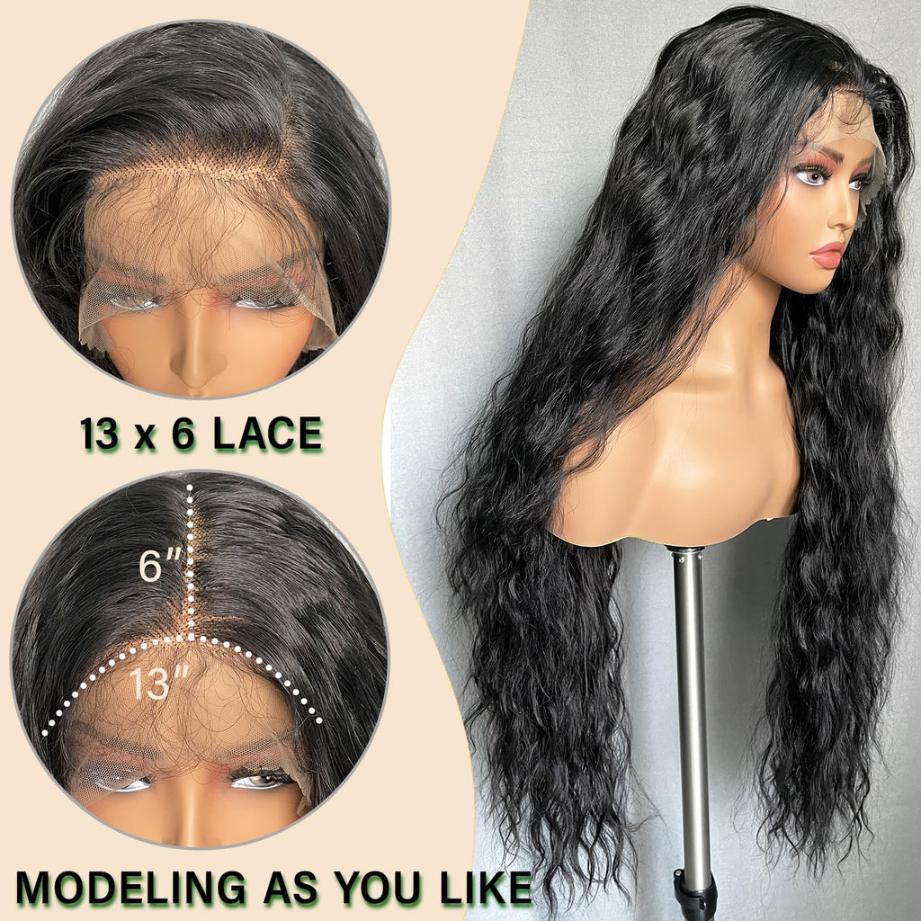 SOKU 13x6 Lace Frontal Water Wave Wigs with Baby Hair Natural Black 34 Inch Long Synthetic Hair Pre-plucked Free Part Transparent Swiss Lace Front Wavy Wigs for Women
