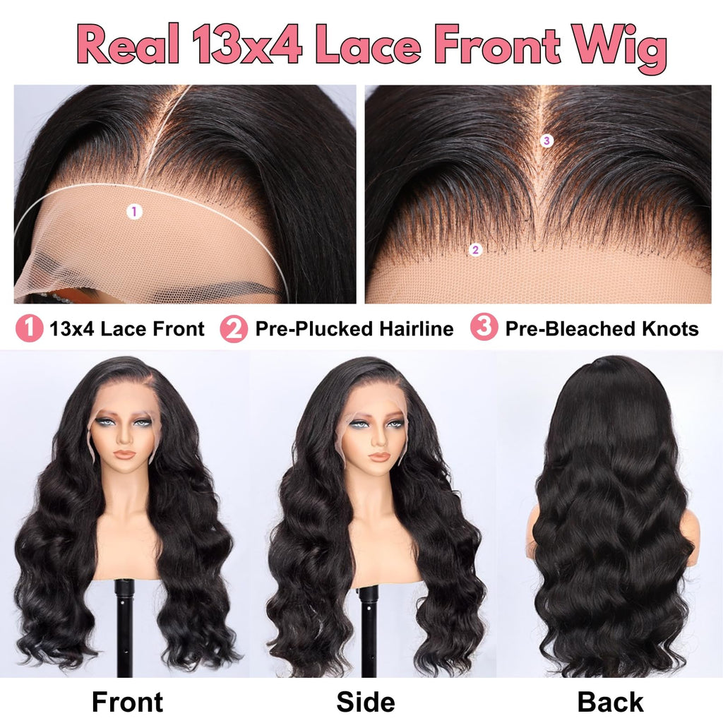 Body Wave Lace Front Wigs Human Hair Pre Plucked HD Lace Frontal Wig for Women Soft Remy 200 Density Brazilian Raw Human Hair Natural Black 24 Inch