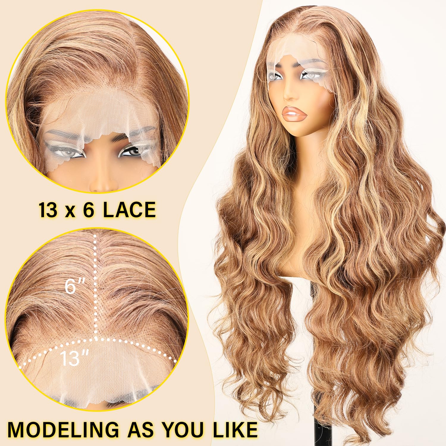 SOKU 13x6 Lace Frontal Water Wave Wigs with Baby Hair Natural Black 34 Inch Long Synthetic Hair Pre-plucked Free Part Transparent Swiss Lace Front Wavy Wigs for Women