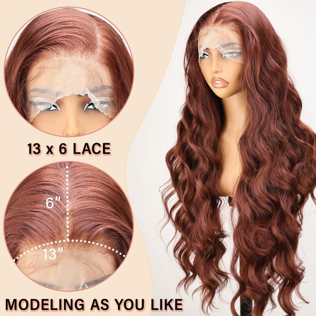 SOKU 13x6 Lace Frontal Water Wave Wigs with Baby Hair Natural Black 34 Inch Long Synthetic Hair Pre-plucked Free Part Transparent Swiss Lace Front Wavy Wigs for Women