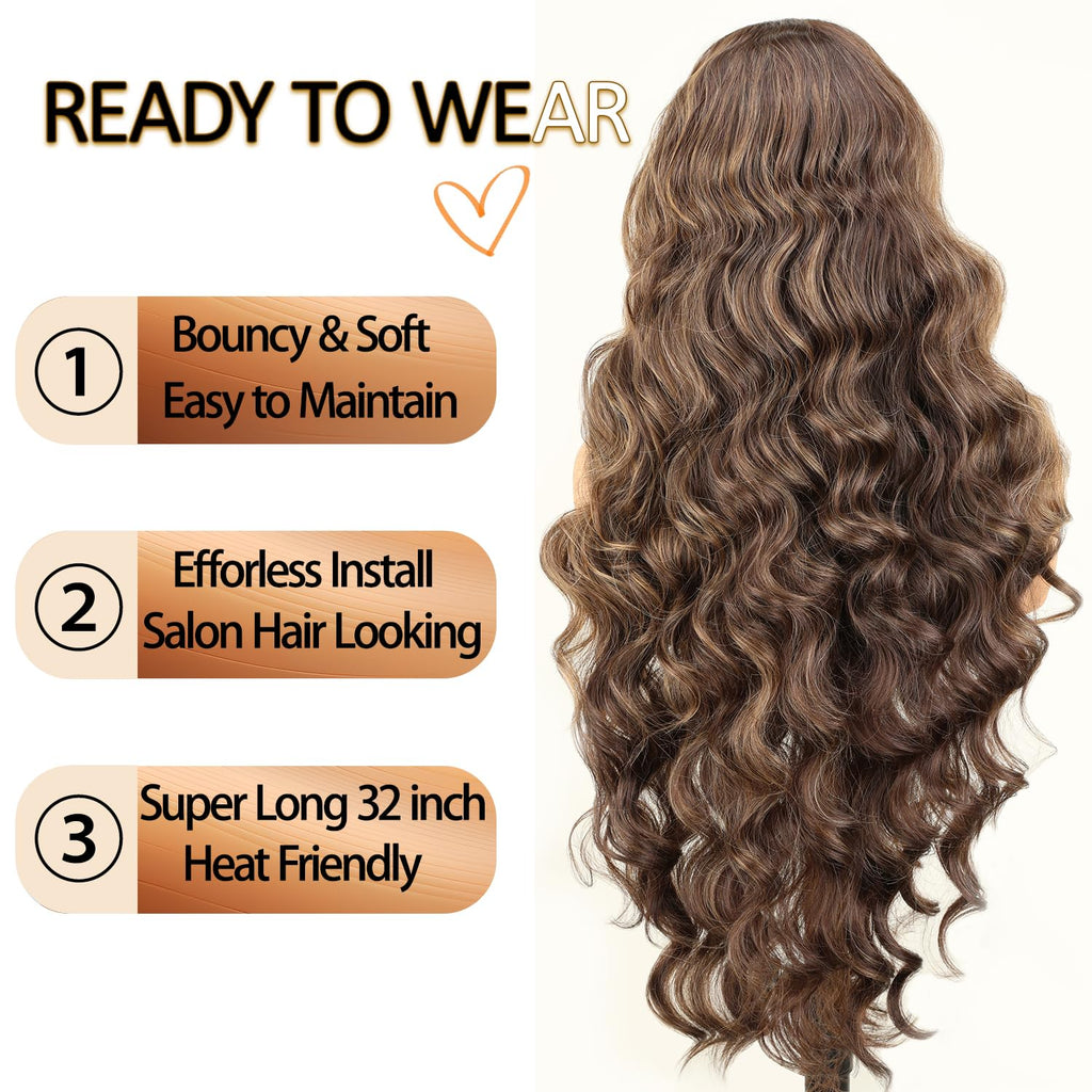 SOKU 13x6 Lace Frontal Water Wave Wigs with Baby Hair Natural Black 34 Inch Long Synthetic Hair Pre-plucked Free Part Transparent Swiss Lace Front Wavy Wigs for Women